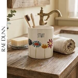 Rae Dunn Floral Bathroom Cup STUFF Ceramic Holder Magenta